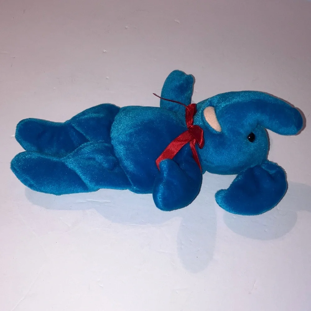 Beanpals Kellytoy Blue Elephant with Red Bow‎ Plush 9”